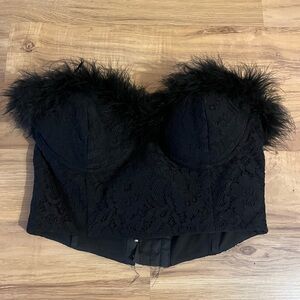 NBD Black Lace Feather Trim Bustier Crop Top